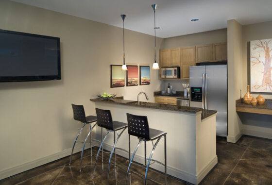 a modern apartment kitchen with chairs and a tv and Handicap Accessible Apartments in Alpharetta, Douglasville, Atlanta, Marietta, DeKalb County